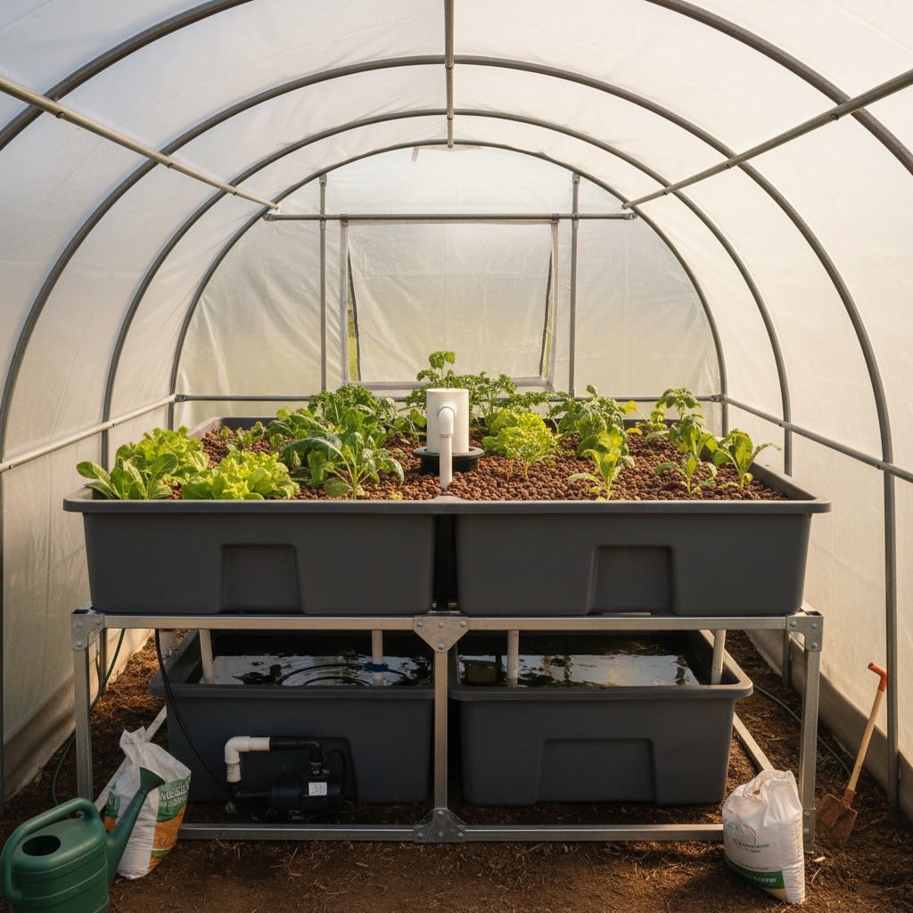 An aquaponics system with growing plants in top tubs and water tanks below, housed inside a plastic tunnel greenhouse.