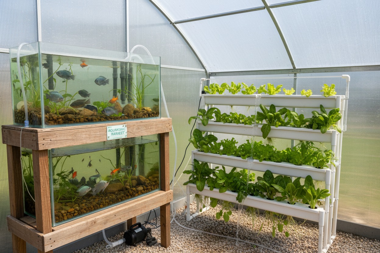 An aquaponics setup inside a greenhouse features stacked fish tanks on the left and vertical plant troughs on the right.